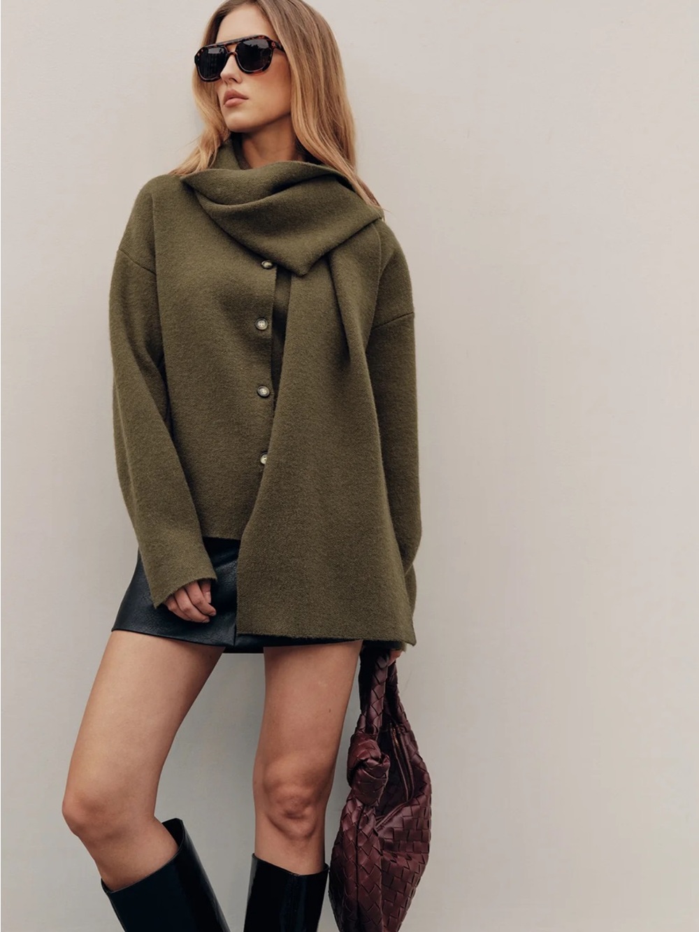 Commense Olive Green Button-Front Cardigan Scarf Sweater - Women - Picture 4 of 8